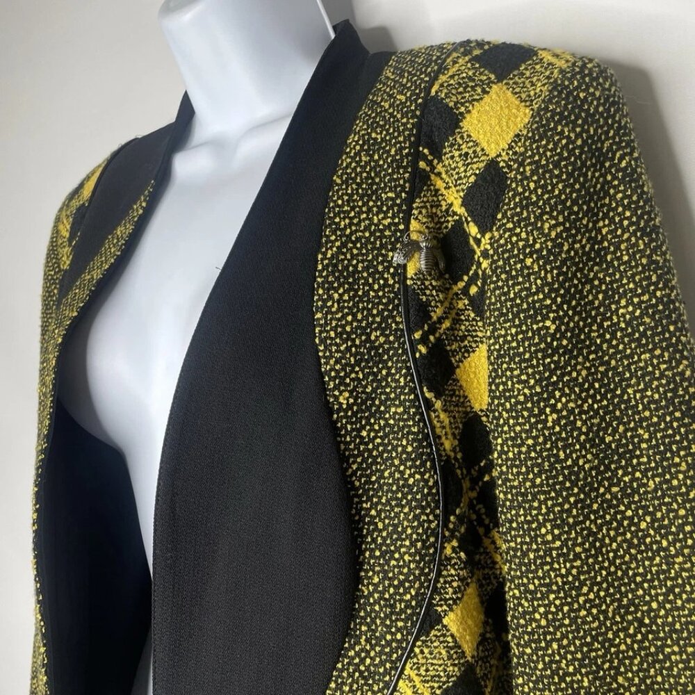 Vintage 90s City Girl Black Yellow Tweed Plaid Cropped Open Front Blazer Size 6 - Picture 6 of 10